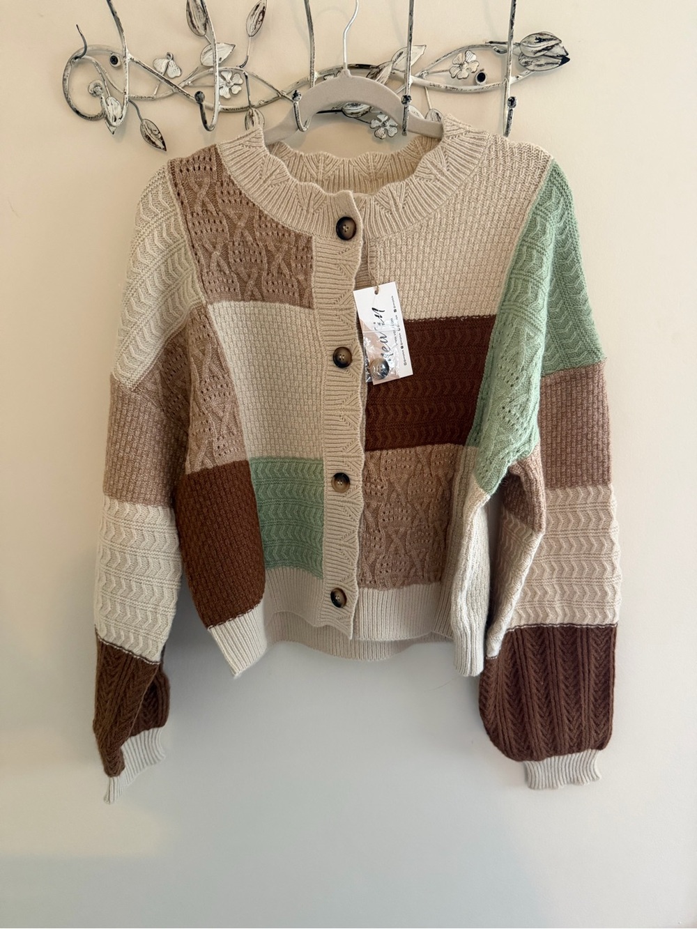 Very J new In Cream Patchwork Knit Cardigan Sweater - Soft Ribbed Detail - Picture 3 of 4